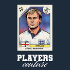 Steve McMahon World Cup Sticker Men's T-Shirt – navy close-up detail shot of the Steve McMahon World Cup Players Couture
