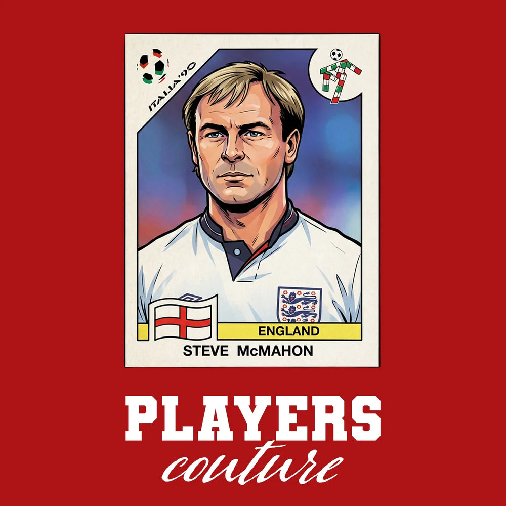 Steve McMahon World Cup Sticker Men's T-Shirt – red close-up detail shot of the Steve McMahon World Cup Players Couture logo