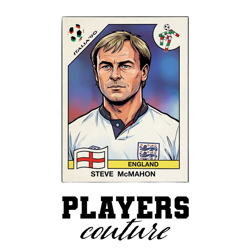 Steve McMahon World Cup Sticker Men's T-Shirt – white close-up detail shot of the Steve McMahon Players Couture logo design