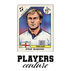 Steve McMahon World Cup Sticker Men's T-Shirt – white close-up detail shot of the Steve McMahon Players Couture logo design