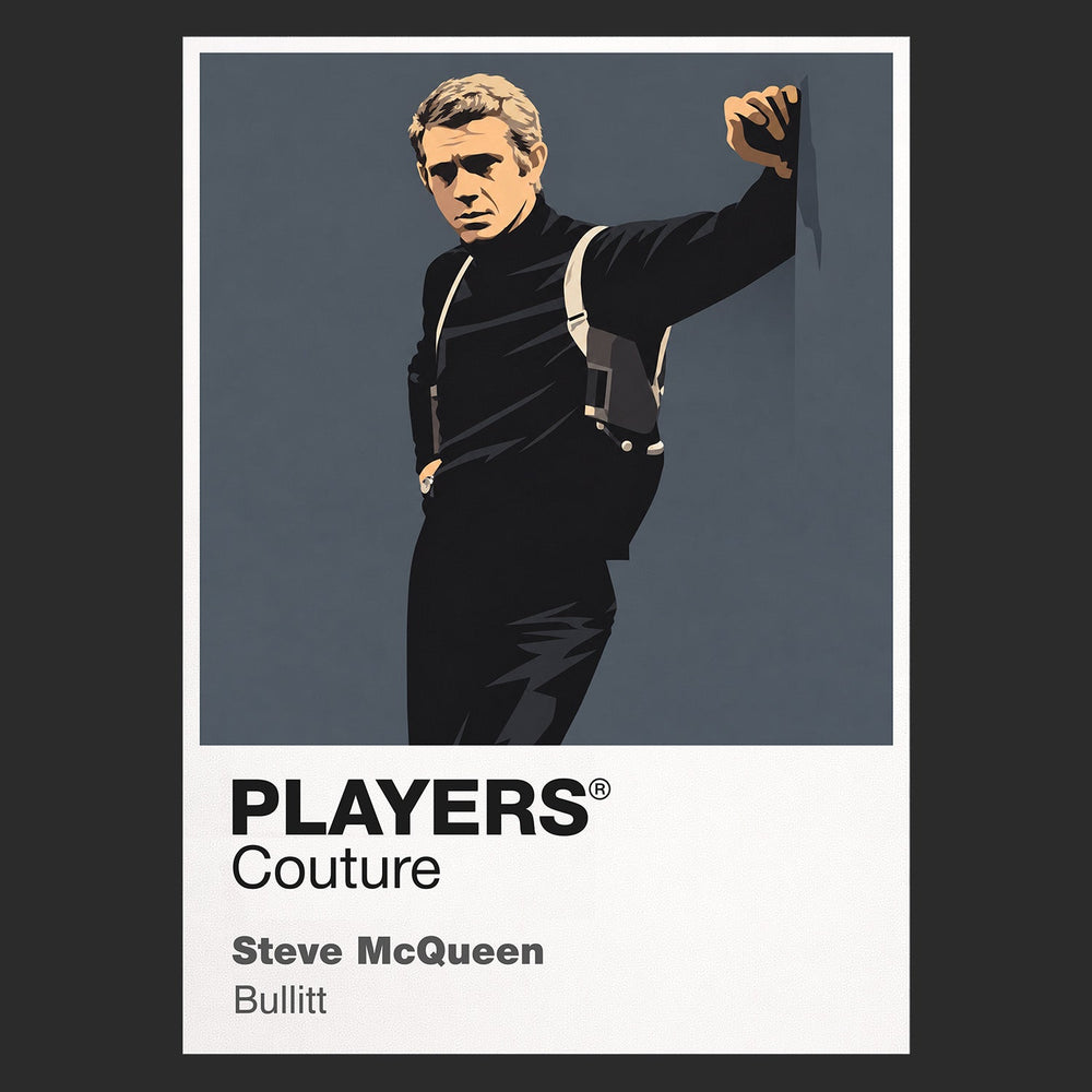 Steve McQueen – Bullitt Frank Bullitt beside the dark green Mustang, roll-neck and cool San Francisco detective silhouette Icon Frame artwork in black