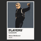 Steve McQueen – Bullitt Frank Bullitt beside the dark green Mustang, roll-neck and cool San Francisco detective silhouette Icon Frame artwork in black