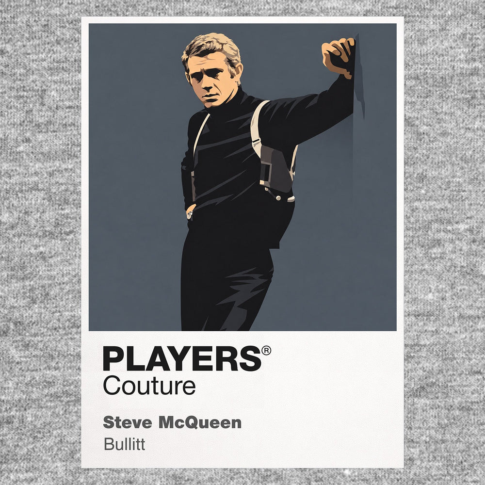 Steve McQueen – Bullitt Frank Bullitt beside the dark green Mustang, roll-neck and cool San Francisco detective silhouette Icon Frame artwork in grey