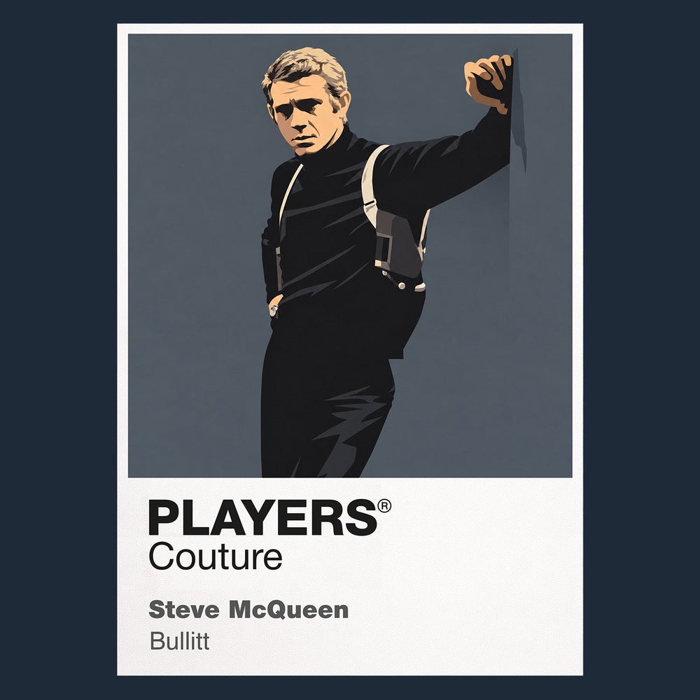 Steve McQueen – Bullitt Frank Bullitt beside the dark green Mustang, roll-neck and cool San Francisco detective silhouette Icon Frame artwork in navy