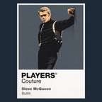 Steve McQueen – Bullitt Frank Bullitt beside the dark green Mustang, roll-neck and cool San Francisco detective silhouette Icon Frame artwork in navy