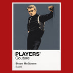 Steve McQueen – Bullitt Frank Bullitt beside the dark green Mustang, roll-neck and cool San Francisco detective silhouette Icon Frame artwork in red