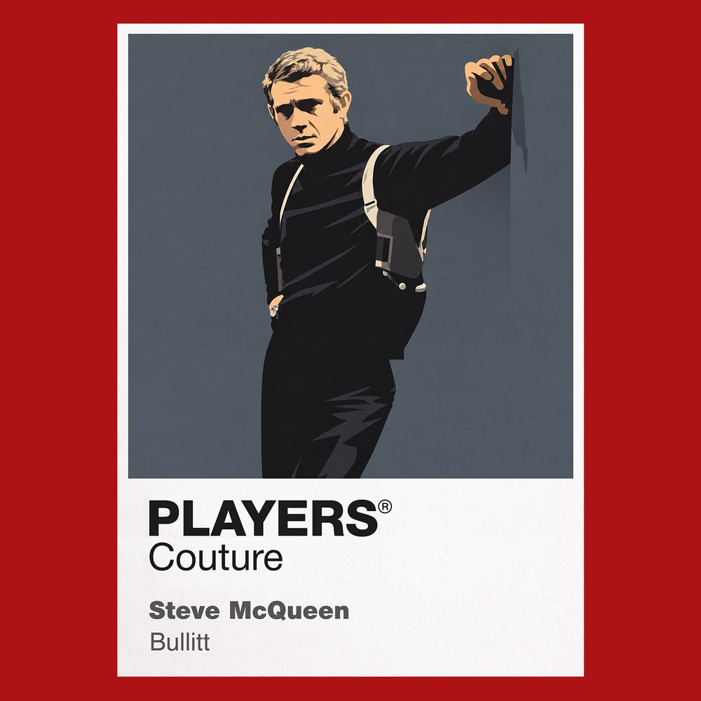 Steve McQueen – Bullitt Frank Bullitt beside the dark green Mustang, roll-neck and cool San Francisco detective silhouette Icon Frame artwork in red