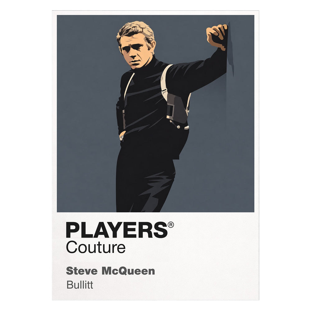 Steve McQueen – Bullitt Frank Bullitt beside the dark green Mustang, roll-neck and cool San Francisco detective silhouette Icon Frame artwork on white