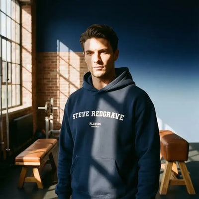 Steve Redgrave hoodie – navy men's hoodie with white Steve Redgrave letters and Players Couture logo on the chest