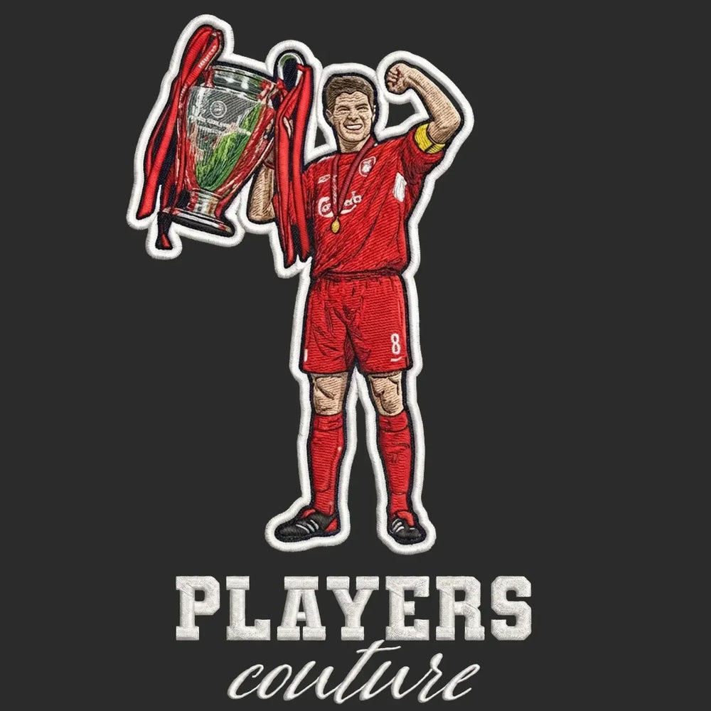 Steven Gerrard Champions League Badge Men's Hoodie – black close-up detail shot of the Steven Gerrard Champions League