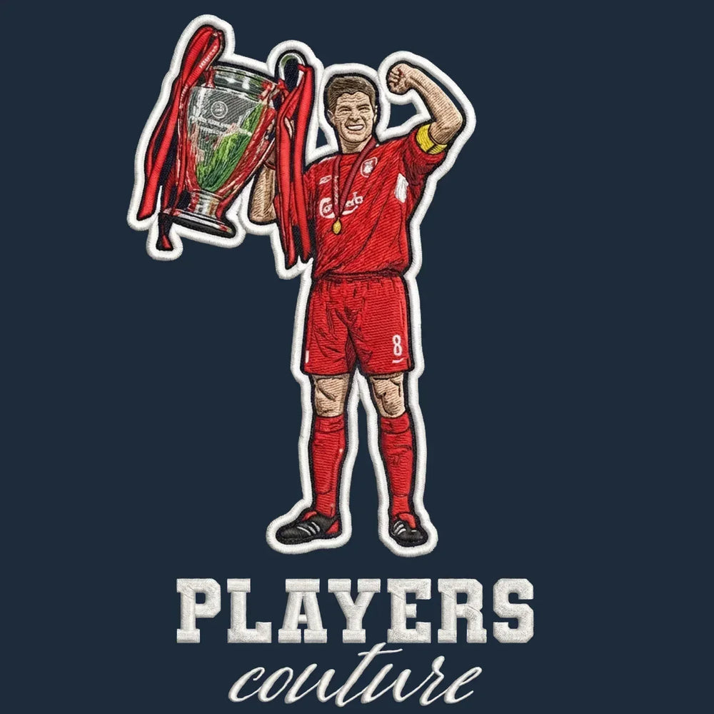 Steven Gerrard Champions League Badge Men's Hoodie – navy close-up detail shot of the Steven Gerrard Champions League