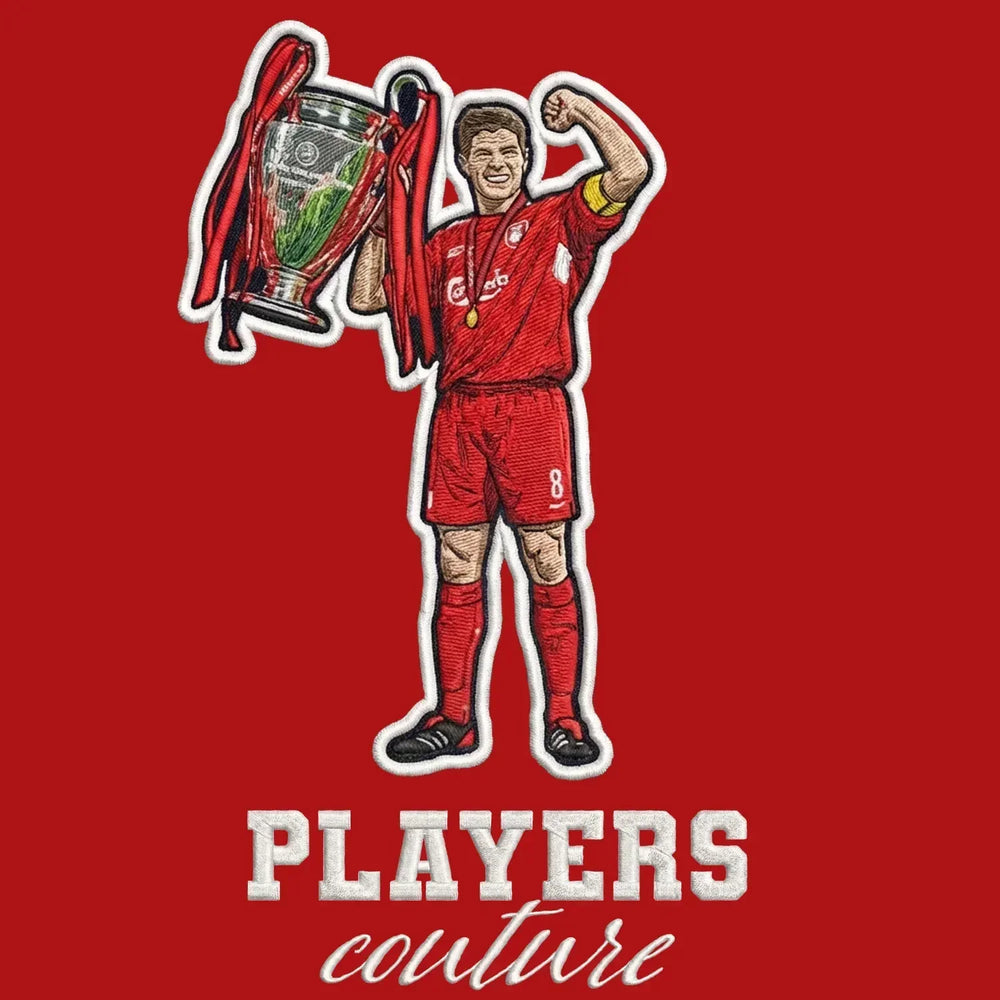 Steven Gerrard Champions League Badge Men's Hoodie – red close-up detail shot of the Steven Gerrard Champions League Players