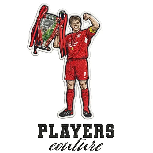 Steven Gerrard Champions League Badge Men's Hoodie – white close-up detail shot of the Steven Gerrard Champions League