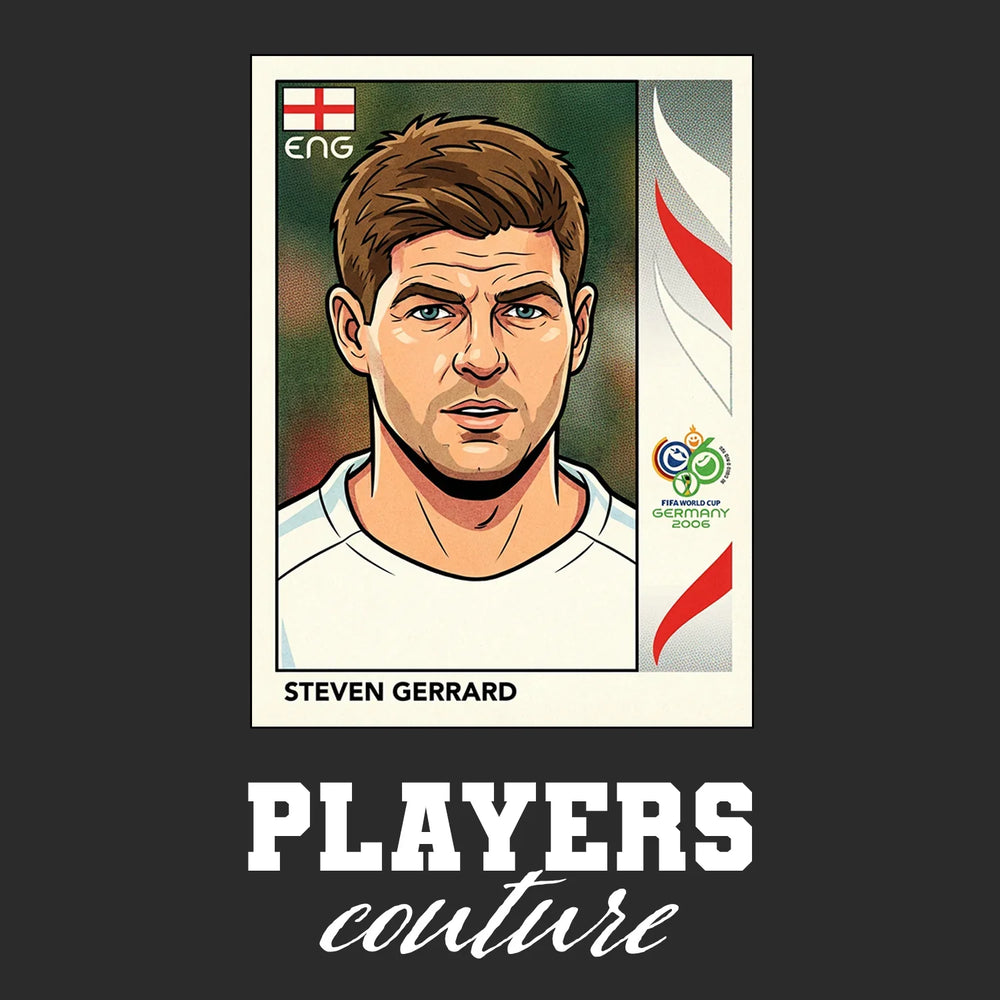 Steven Gerrard World Cup Sticker Men's T-Shirt – black close-up detail shot of the Steven Gerrard World Cup Players Couture