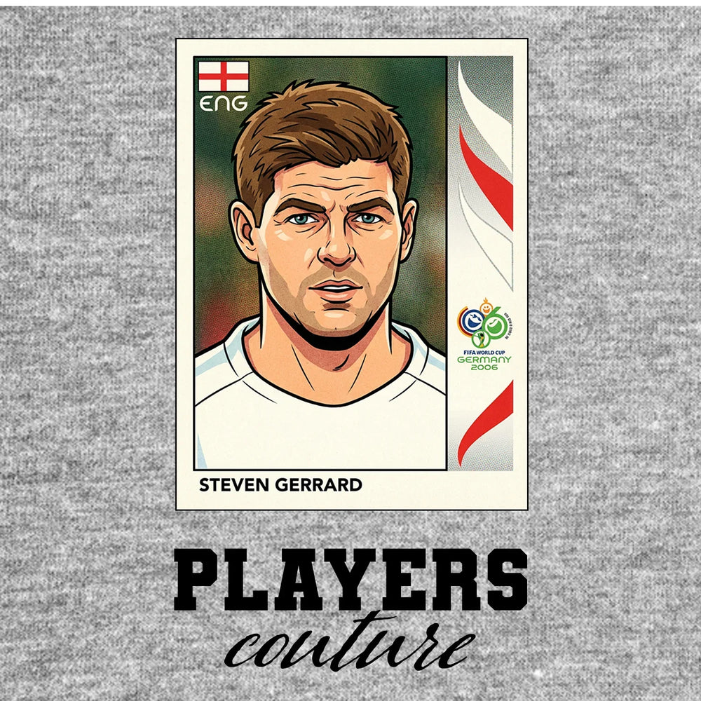 Steven Gerrard World Cup Sticker Men's T-Shirt – grey close-up detail shot of the Steven Gerrard World Cup Players Couture