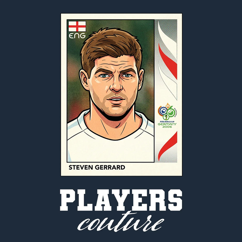 Steven Gerrard World Cup Sticker Men's T-Shirt – navy close-up detail shot of the Steven Gerrard World Cup Players Couture