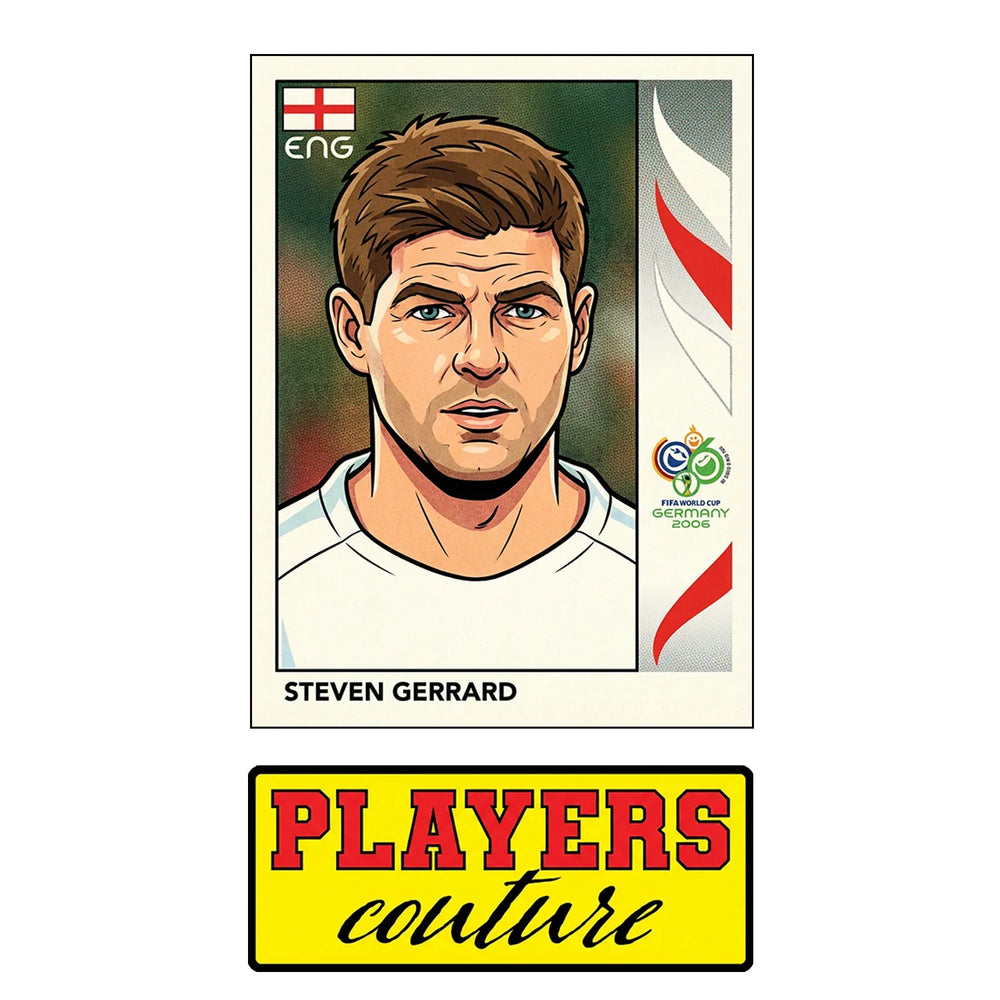 Steven Gerrard World Cup Sticker Men's T-Shirt – close-up detail shot of the Steven Gerrard World Cup Players Couture logo