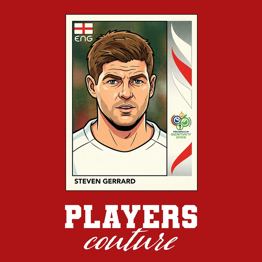 Steven Gerrard World Cup Sticker Men's T-Shirt – red close-up detail shot of the Steven Gerrard World Cup Players Couture