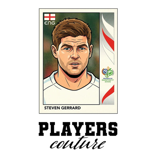 Steven Gerrard World Cup Sticker Men's T-Shirt – white close-up detail shot of the Steven Gerrard Players Couture logo design