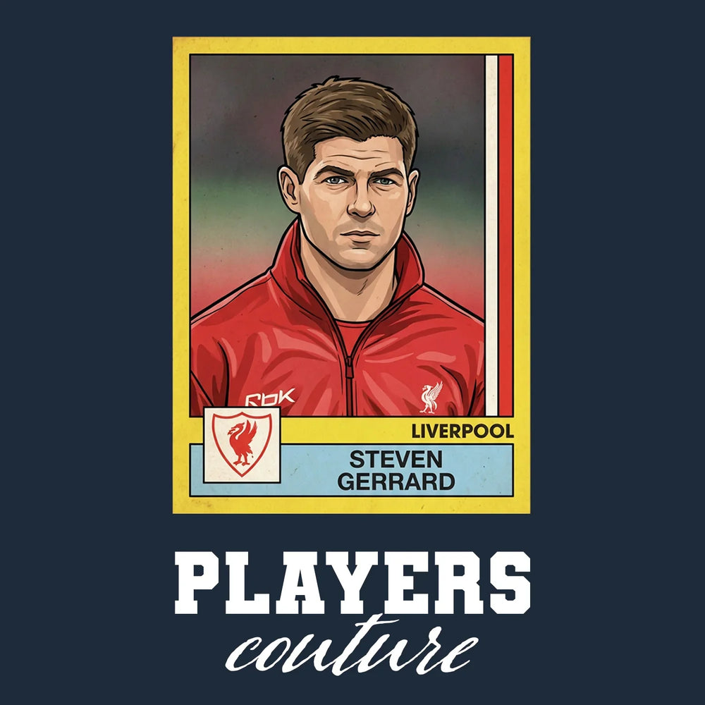 Steven Gerrard Liverpool Sticker Men's T-Shirt – navy close-up detail shot of the Steven Gerrard Liverpool Players Couture
