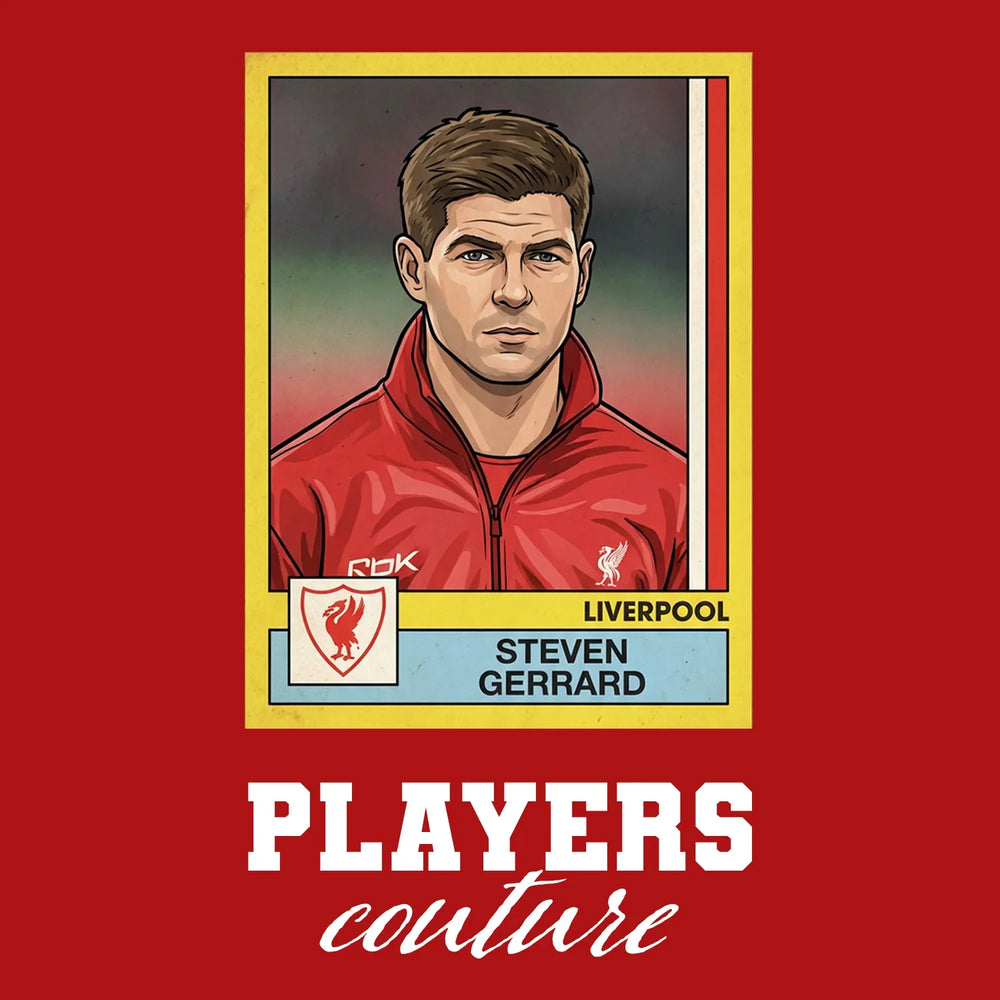 Steven Gerrard Liverpool Sticker Men's T-Shirt – red close-up detail shot of the Steven Gerrard Liverpool Players Couture