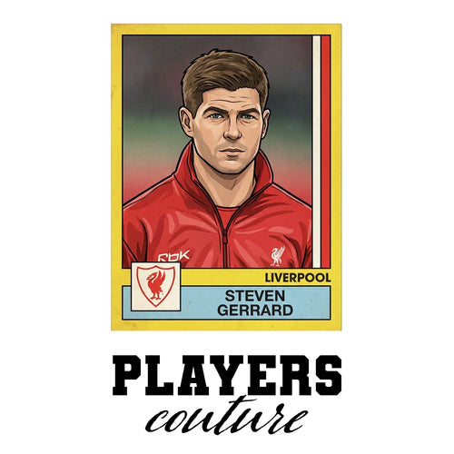 Steven Gerrard Liverpool Sticker Men's T-Shirt – white close-up detail shot of the Steven Gerrard Players Couture logo design