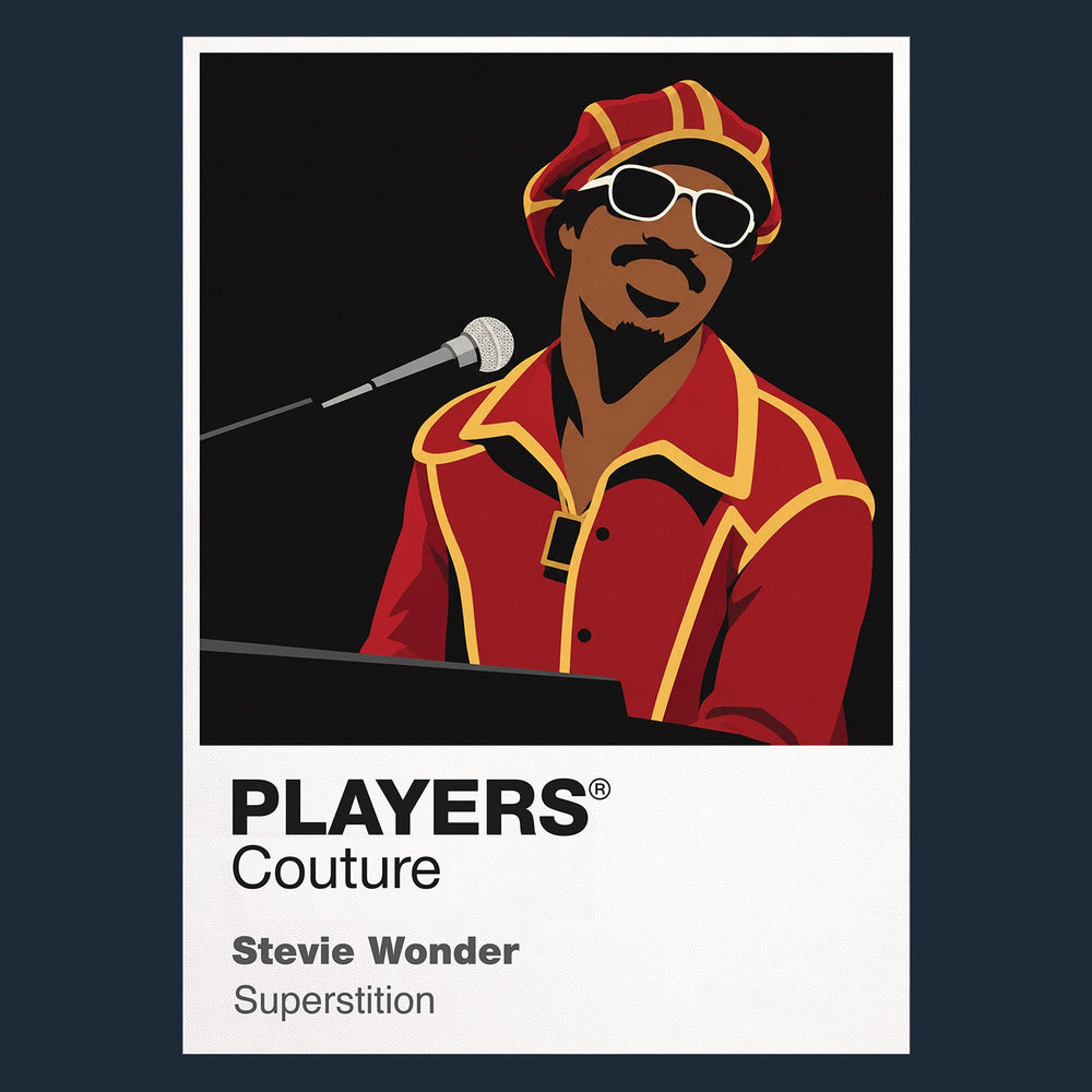 Stevie Wonder Stevie Wonder's braided hair, dark glasses, keyboard and joyful performance movement Icon Frame artwork in navy