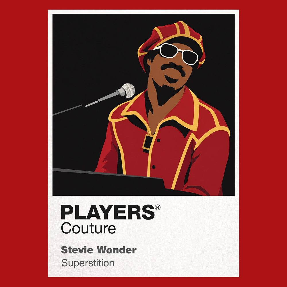 Stevie Wonder Stevie Wonder's braided hair, dark glasses, keyboard and joyful performance movement Icon Frame artwork in red