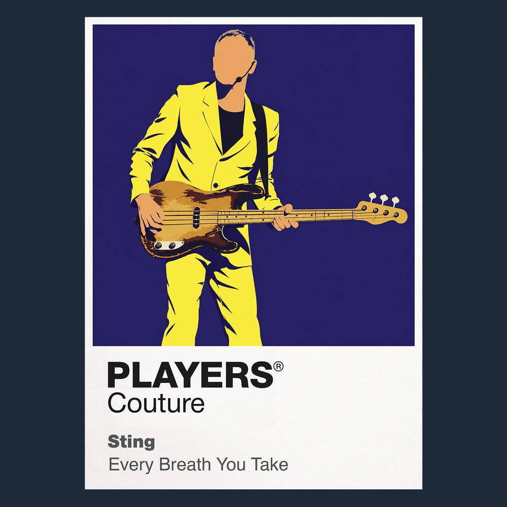 Sting Sting's bass-guitar stance and understated Police-to-solo stage identity Icon Frame artwork in navy