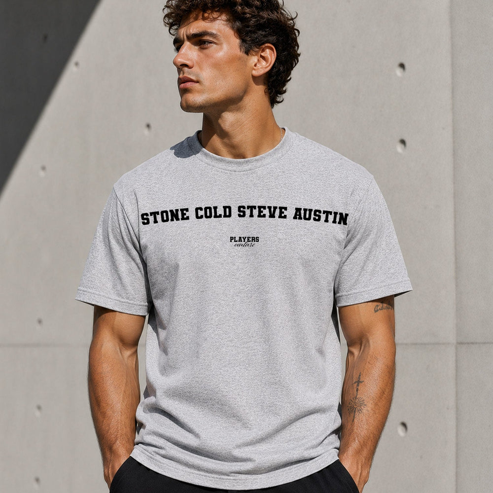 Stone Cold Steve Austin Men's T-Shirt — lifestyle photo, Grey t-shirt