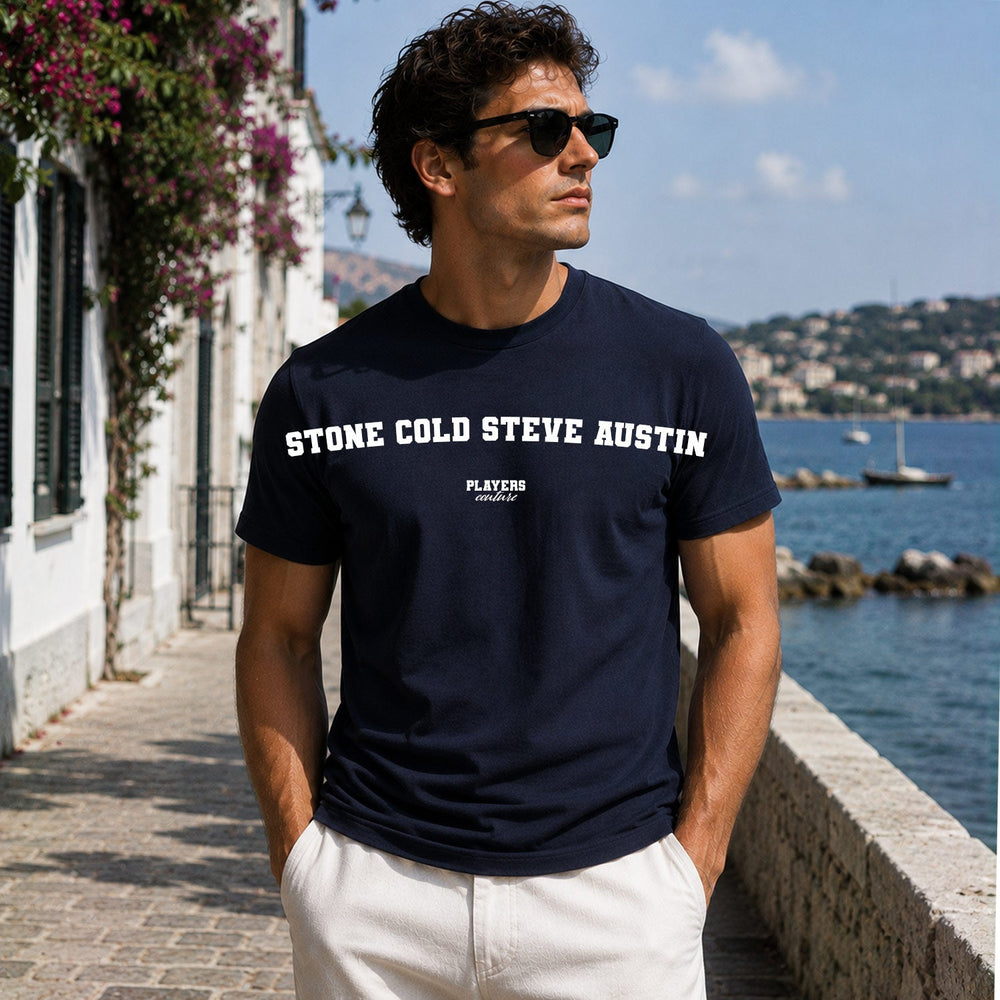 Stone Cold Steve Austin Men's T-Shirt — lifestyle photo, Navy t-shirt