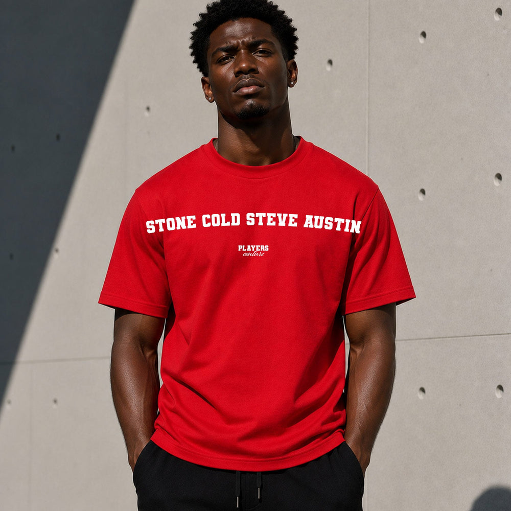 Stone Cold Steve Austin Men's T-Shirt — lifestyle photo, Red t-shirt