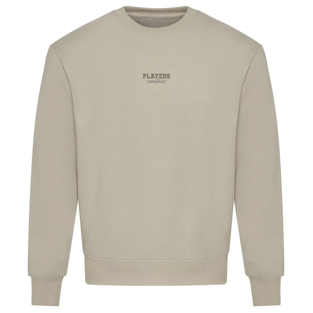 Essentials Collection hoodie – stone men's hoodie with black Essentials Collection letters and Players Couture logo on the