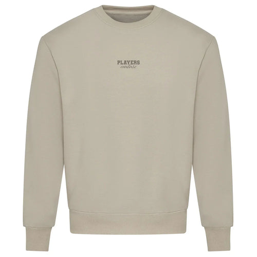 Essentials Collection hoodie – stone men's hoodie with black Essentials Collection letters and Players Couture logo on the
