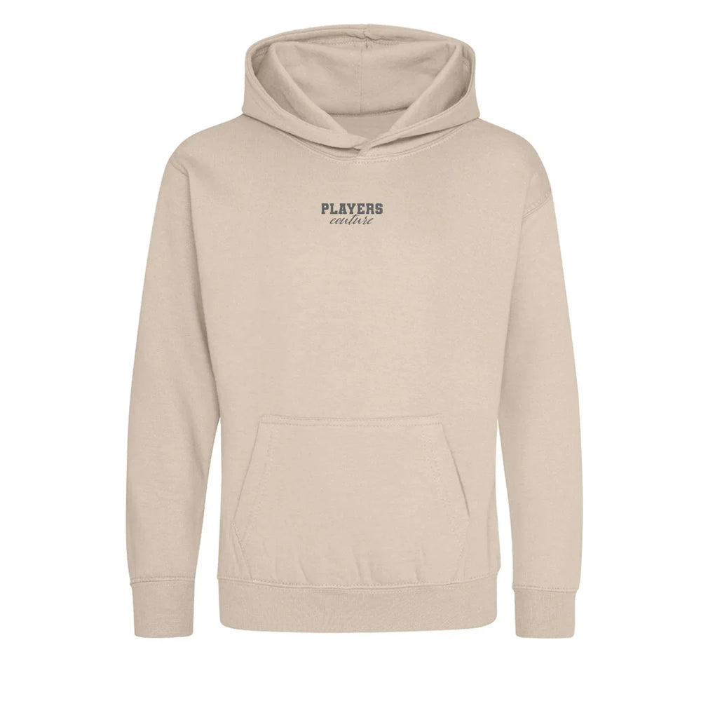 Essentials Collection hoodie – stone kids' hoodie with black Essentials Collection letters and Players Couture logo on the