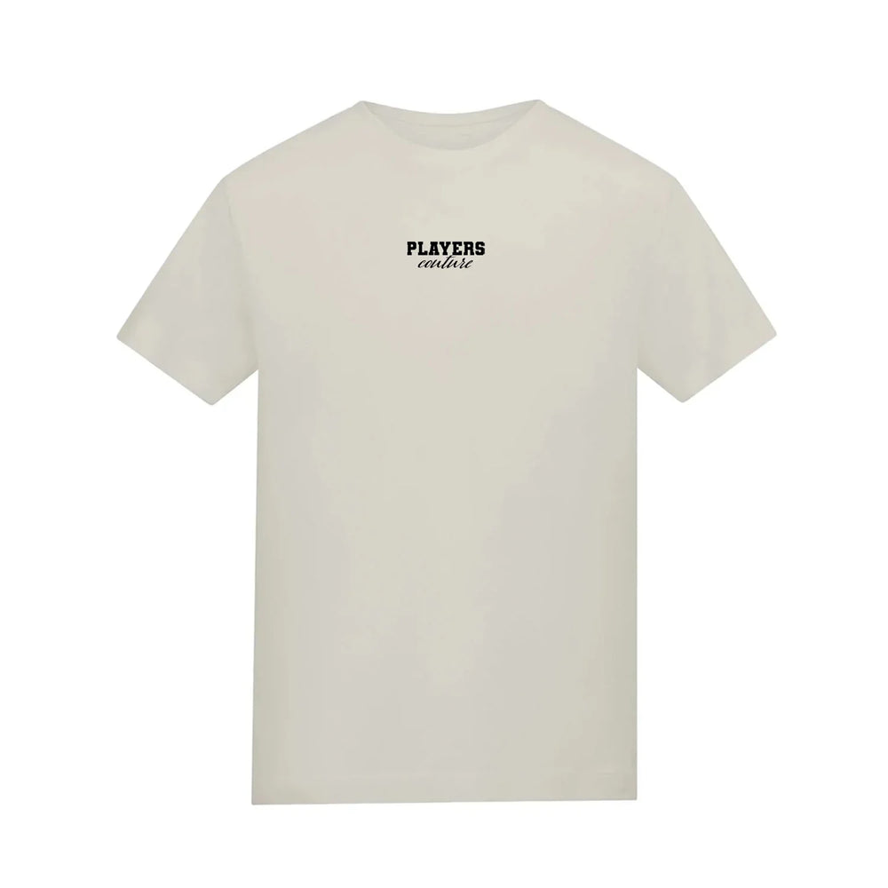 Essentials Collection t-shirt – stone kids' t-shirt with black Essentials Collection letters and Players Couture logo on the