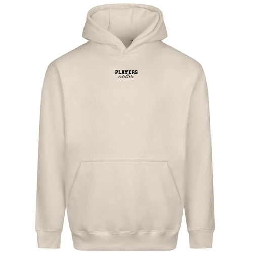 Essentials Collection hoodie – stone men's hoodie with black Essentials Collection letters and Players Couture logo on the