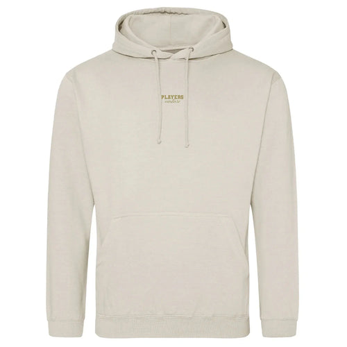 Essentials Collection hoodie – stone men's hoodie with black Essentials Collection letters and Players Couture logo on the