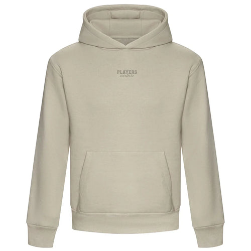 Essentials Collection hoodie – stone men's hoodie with black Essentials Collection letters and Players Couture logo on the