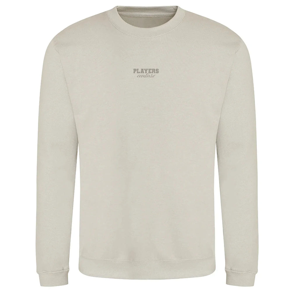 Essentials Collection hoodie – stone men's hoodie with black Essentials Collection letters and Players Couture logo on the