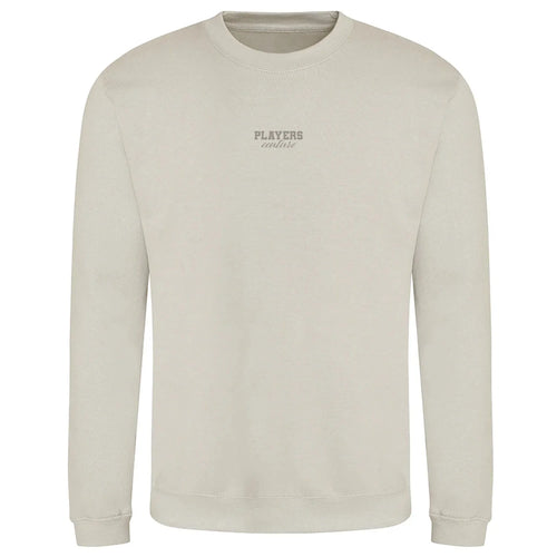 Essentials Collection hoodie – stone men's hoodie with black Essentials Collection letters and Players Couture logo on the