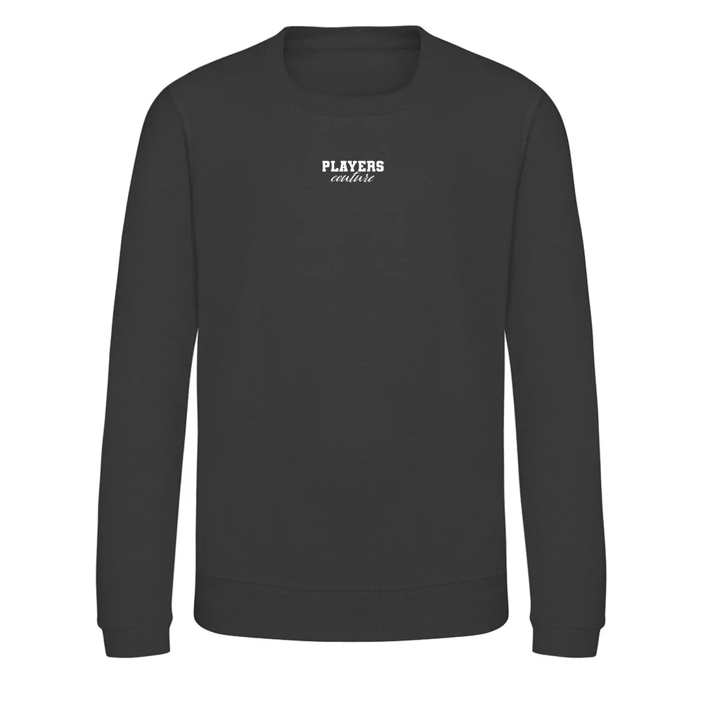 Essentials Collection hoodie – grey kids' hoodie with black Essentials Collection letters and Players Couture logo on the