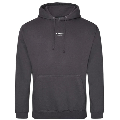 Essentials Collection hoodie – grey men's hoodie with black Essentials Collection letters and Players Couture logo on the