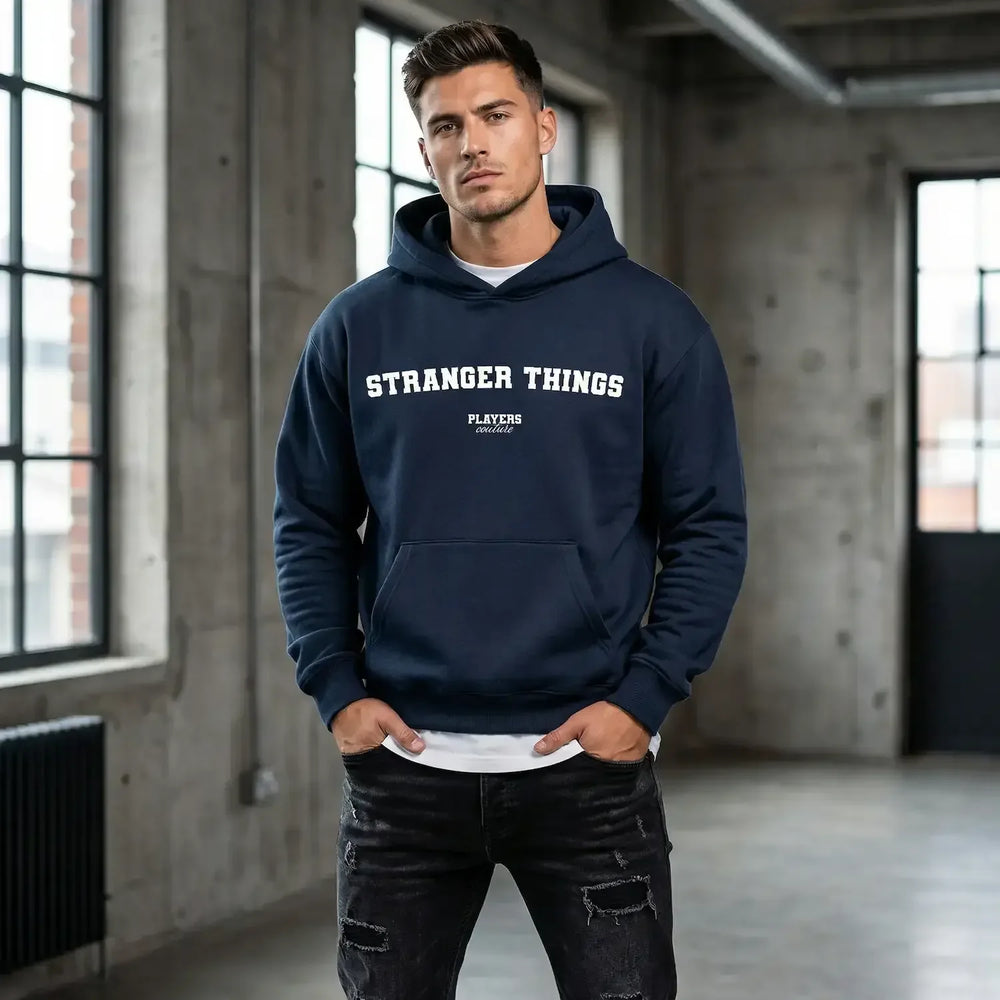 Stranger Things hoodie – navy men's hoodie with white Stranger Things letters and Players Couture logo on the chest