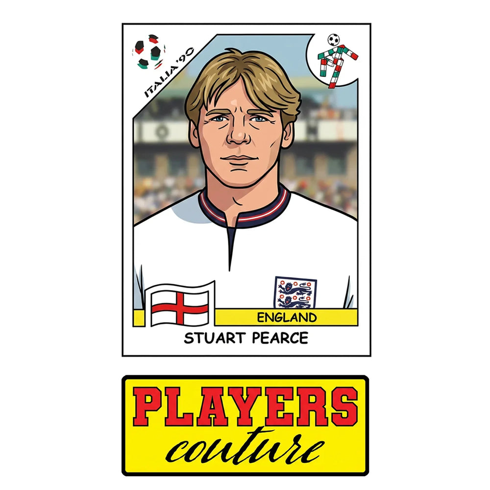 Stuart Pearce World Cup Sticker Men's T-Shirt – close-up detail shot of the Stuart Pearce World Cup Players Couture logo