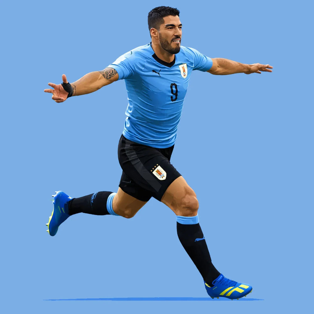 Luis Suarez t-shirt – blue men's t-shirt with white Luis Suarez letters and Players Couture logo on the chest