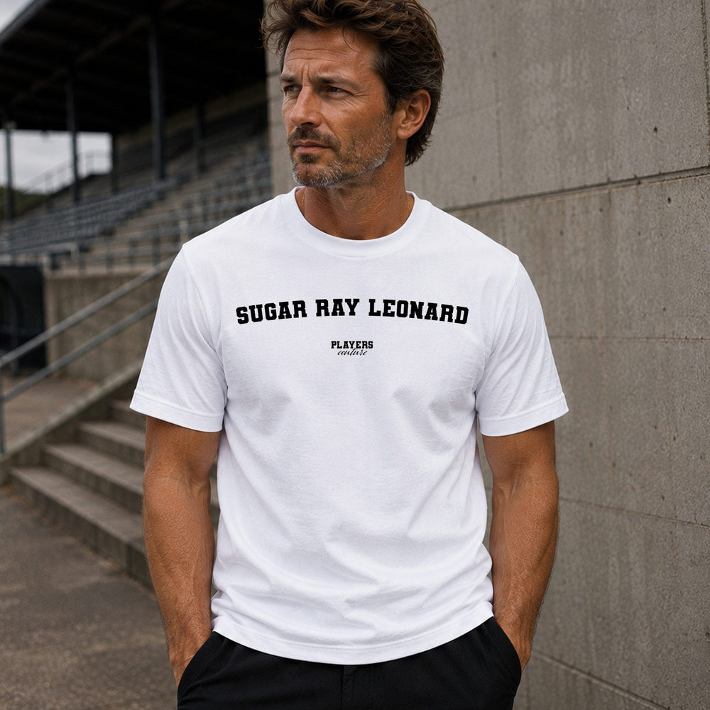 Sugar Ray Leonard Men's T-Shirt — lifestyle photo, White t-shirt