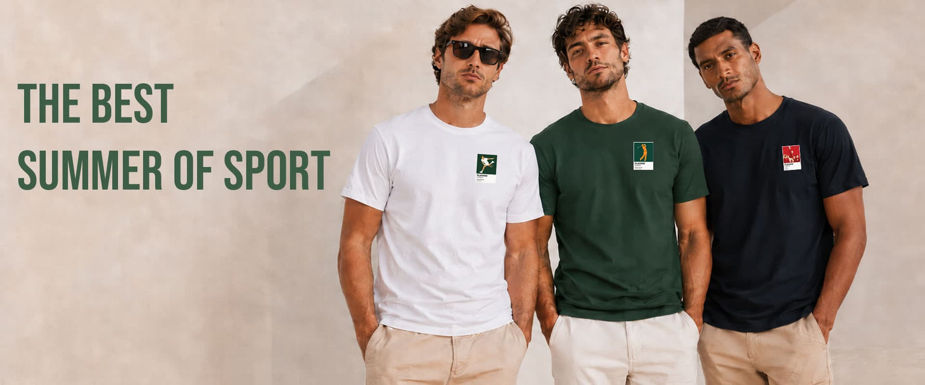 Three men modeling short-sleeve athletic T-shirts in white, green, and black, standing against a light beige textured background with the text 'THE BEST SUMMER OF SPORT' on the left.