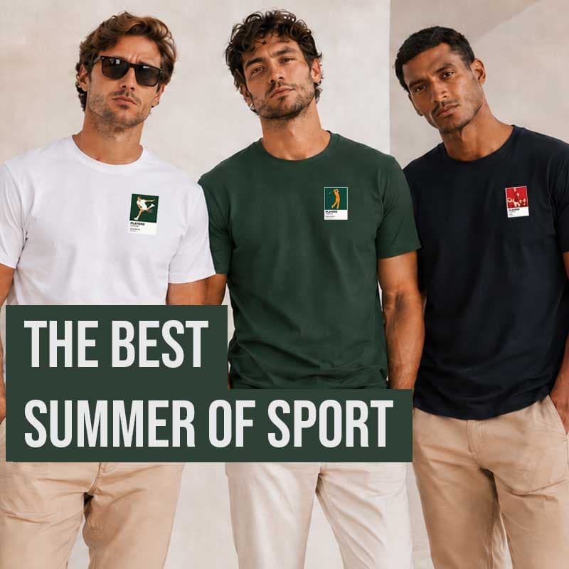 Three men wearing athletic t-shirts in white, dark green, and navy blue, standing together against a light beige background. A dark green banner at the bottom left reads 'THE BEST SUMMER OF SPORT'.