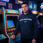 Super Mario Bros hoodie – navy men's hoodie with white Super Mario Bros letters and Players Couture logo on the chest